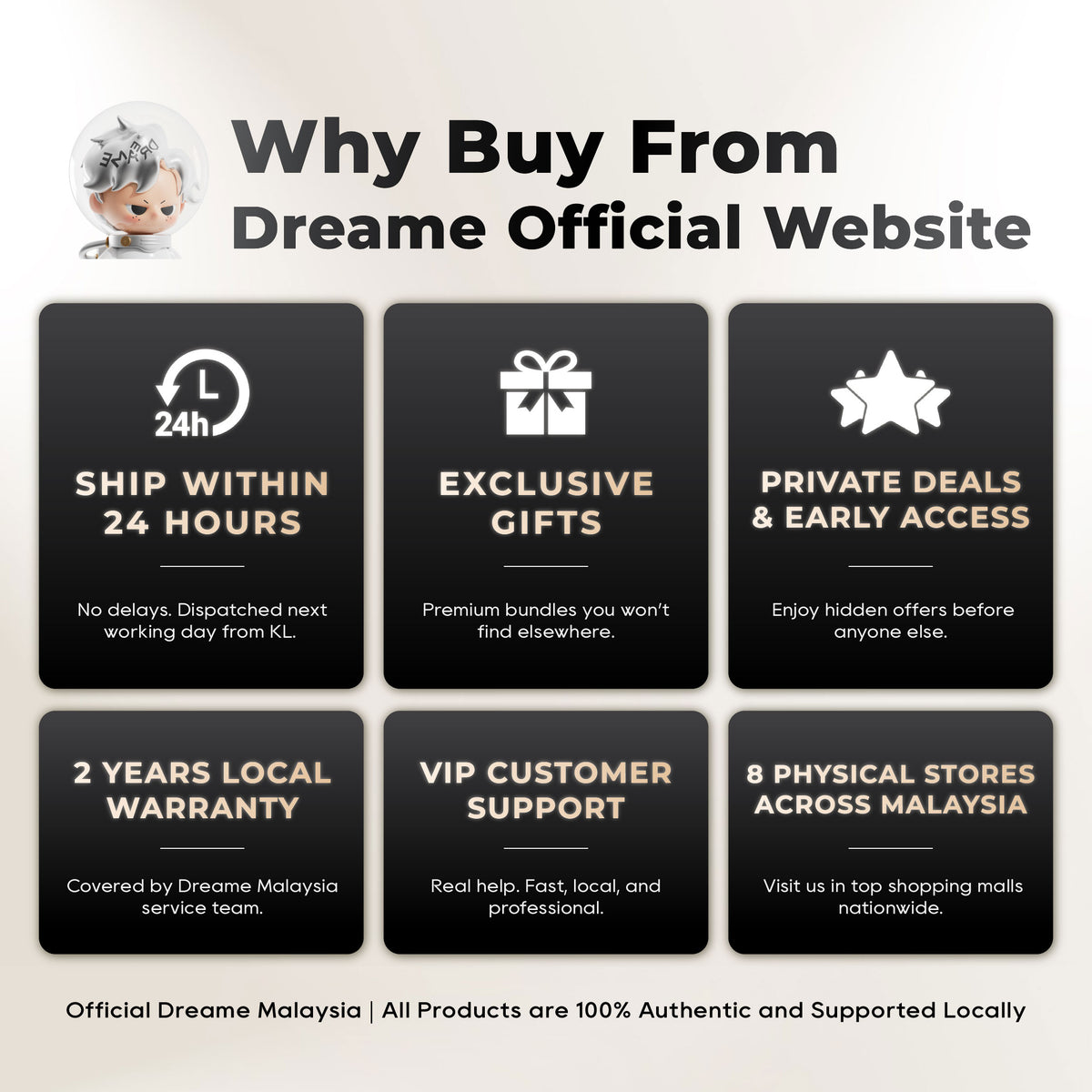 The image is an advertisement for a website called "DREAME Official Website". It features a cartoon character and highlights the website's features, such as 24-hour shipping, exclusive gifts, private deals, and early access. The website is supported by DREAME Malaysia, and all products are 100% authentic and locally sourced.