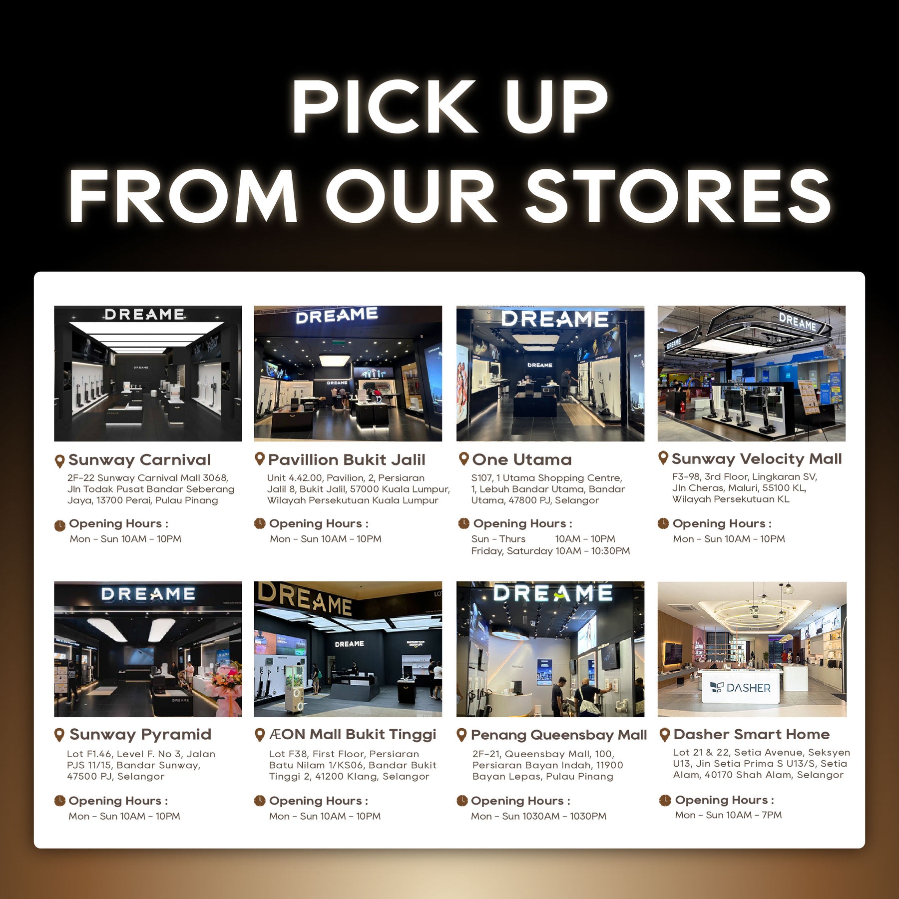 The image is a collage of various retail store locations, including a DREAM store, a DREAM store in a mall, and a DREAM store in a shopping center.