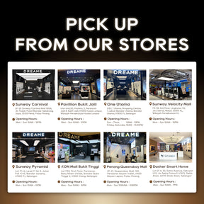 The image is a collage of various retail store locations, including a DREAM store, a DREAM store in a mall, and a DREAM store in a shopping center.